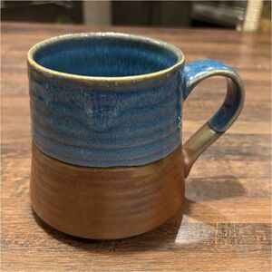 Handmade Ceramic Pottery Mug Blue Brown Glossy Finish Round Shape with Handle